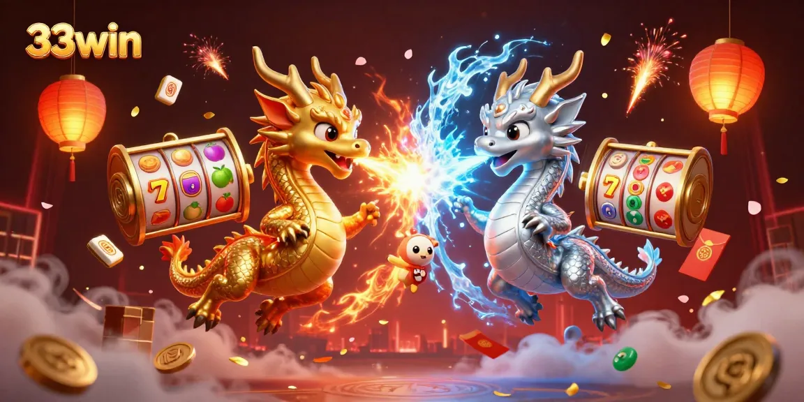 Experience thrilling slot games with 33win's engaging and dynamic illustration featuring gold and silver dragons.