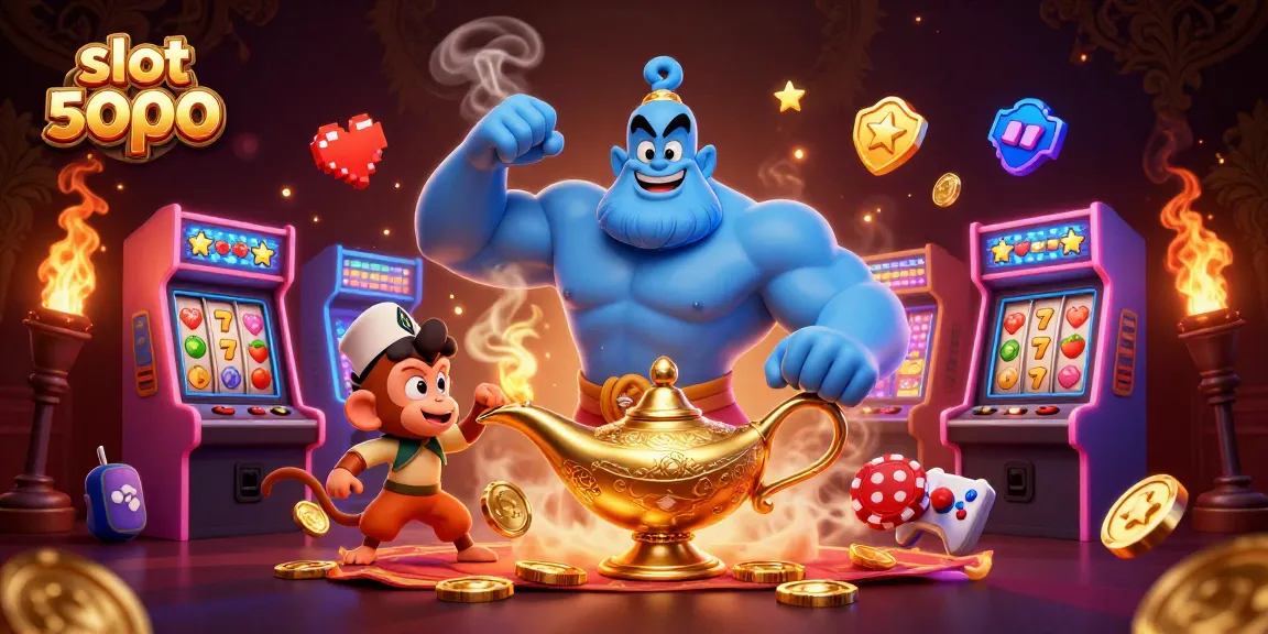 Experience exciting slot depo 5000 action featuring a genie bursting from a lamp and vibrant game elements.