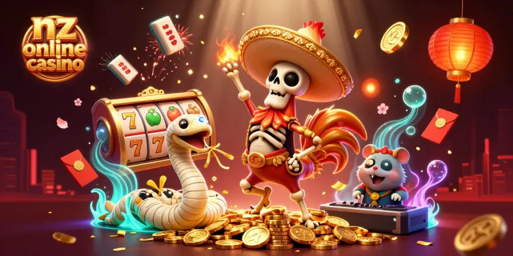 Experience the excitement of nz online casino with a vibrant scene of animated characters and slot elements.