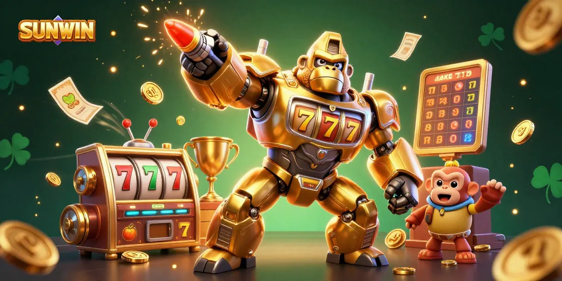 SUNWIN's dynamic casino adventure features a golden gorilla mech and 3D slot elements in a vibrant scene.