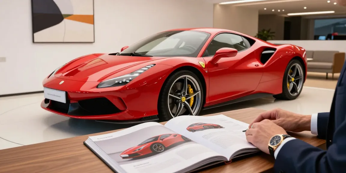 Individu meninjau mobil mewah LUXURY 111 di showroom modern dengan detail yang cemerlang.