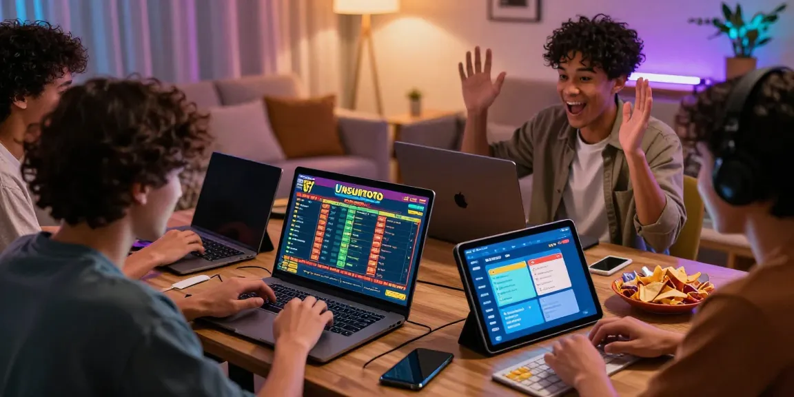 Friends enjoying Unsurtoto online gaming in a cozy living room, celebrating a win