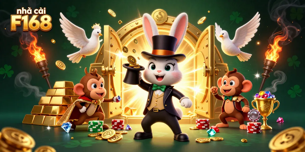 Experience the magic of nhà cái F168 with golden treasures and dynamic characters in an exciting casino scene.