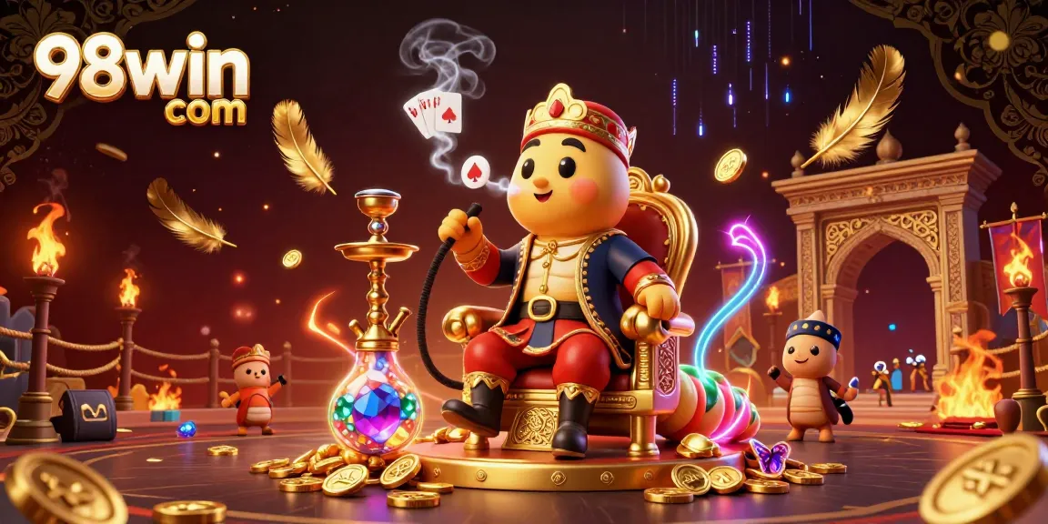 Experience the excitement of 98win com with dynamic casino elements and characters in a vibrant illustration.