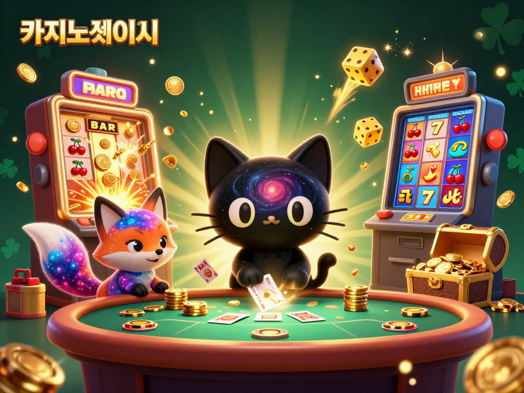 카지노사이트에서 블랙홀 고양이가 카드와 칩을 끌어들이며 갤럭시 테이블 앞에 앉아 있는 장면