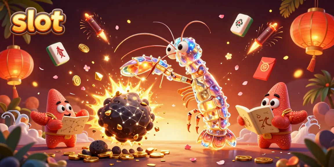 Spin the slot reels while a galactic samurai mantis shrimp bursts through an asteroid showering gems.