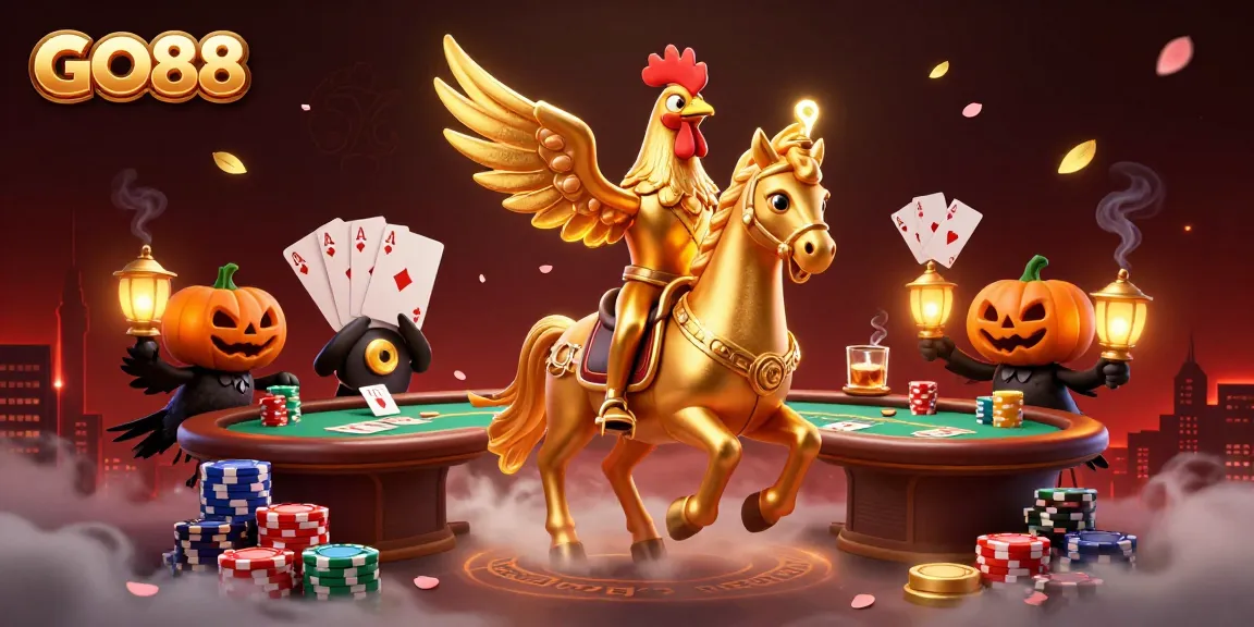 Engage in thrilling games at GO88 featuring a golden rooster in a vibrant casino scene.