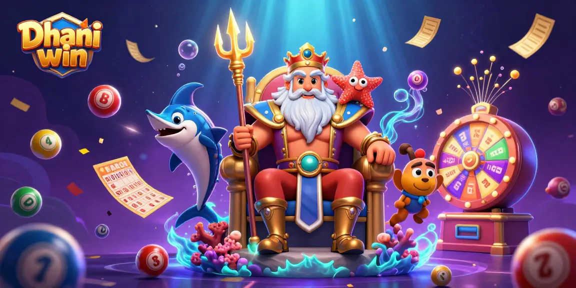 Dhani win brings exciting lottery vibes with a vibrant underwater scene featuring Neptune, games elements, and dynamic lottery balls