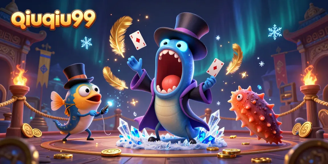 Engage with qiuqiu99 as the deep-sea characters showcase thrilling card tricks and magic in a vibrant casino-themed setting.