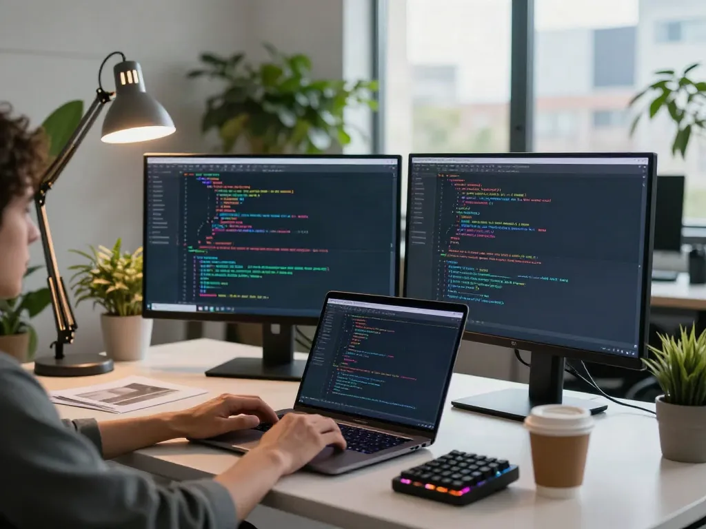 Developer coding at a80 tech workspace with dual monitors and vibrant code