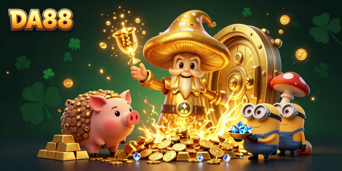 DA88 reveals treasures in a vibrant, dynamic casino scene with magical golden elements and sparkles.