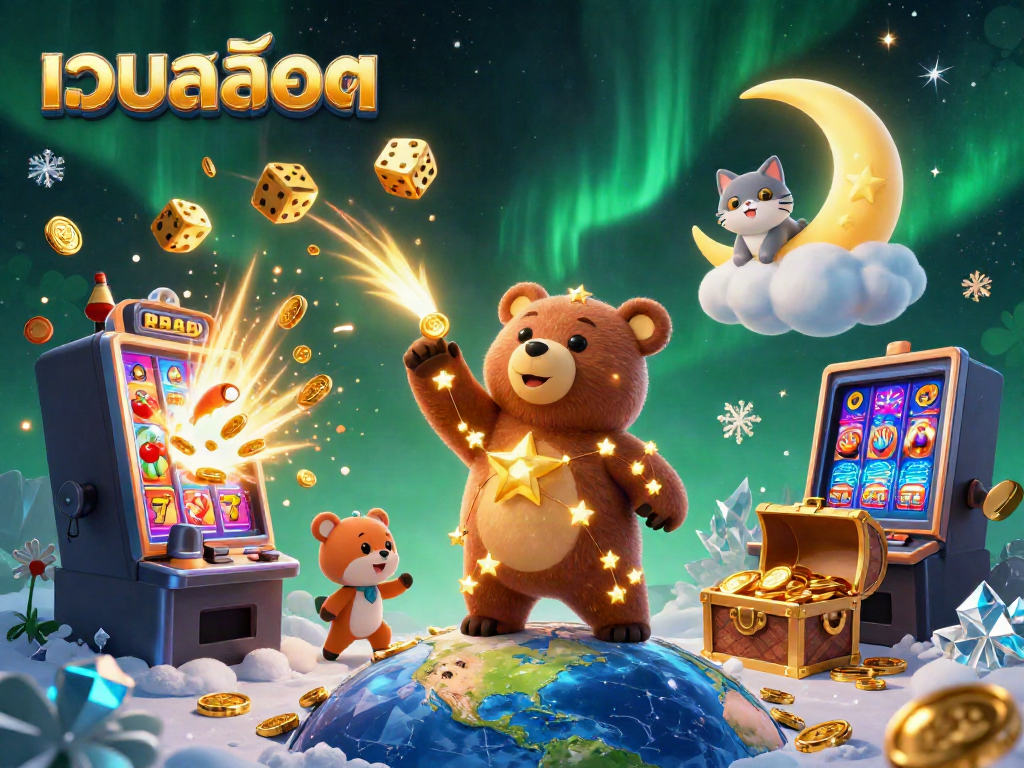 Experience the excitement of เว็บสล็อต with a vibrant 3D scene featuring golden stars, slot machines, and coins.