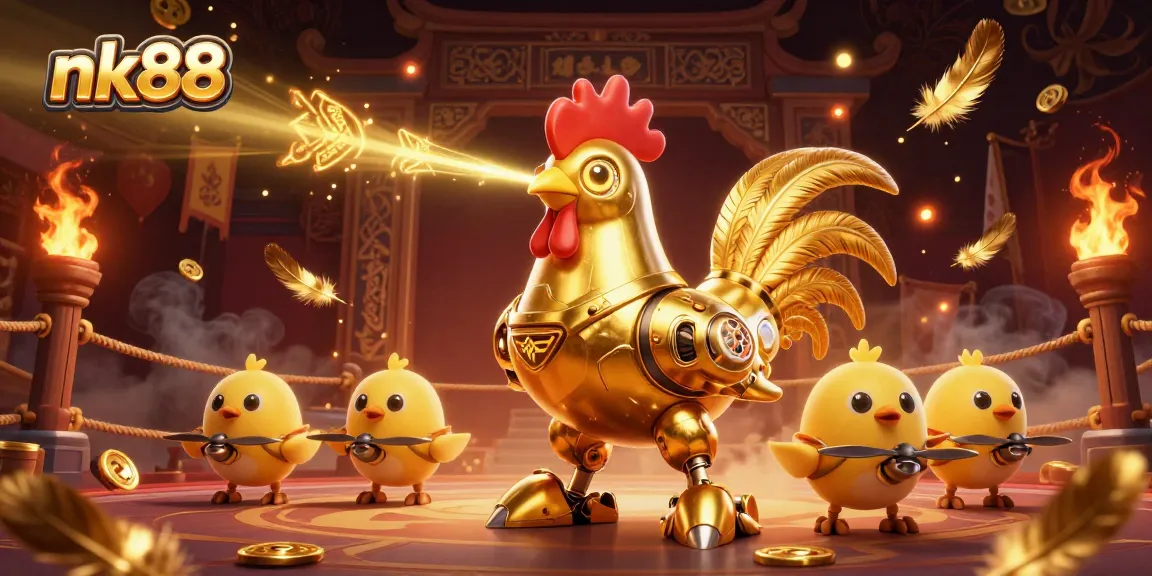 Experience the thrill of nk88 with a golden rooster robot and baby chick drones in a vibrant casino scene.