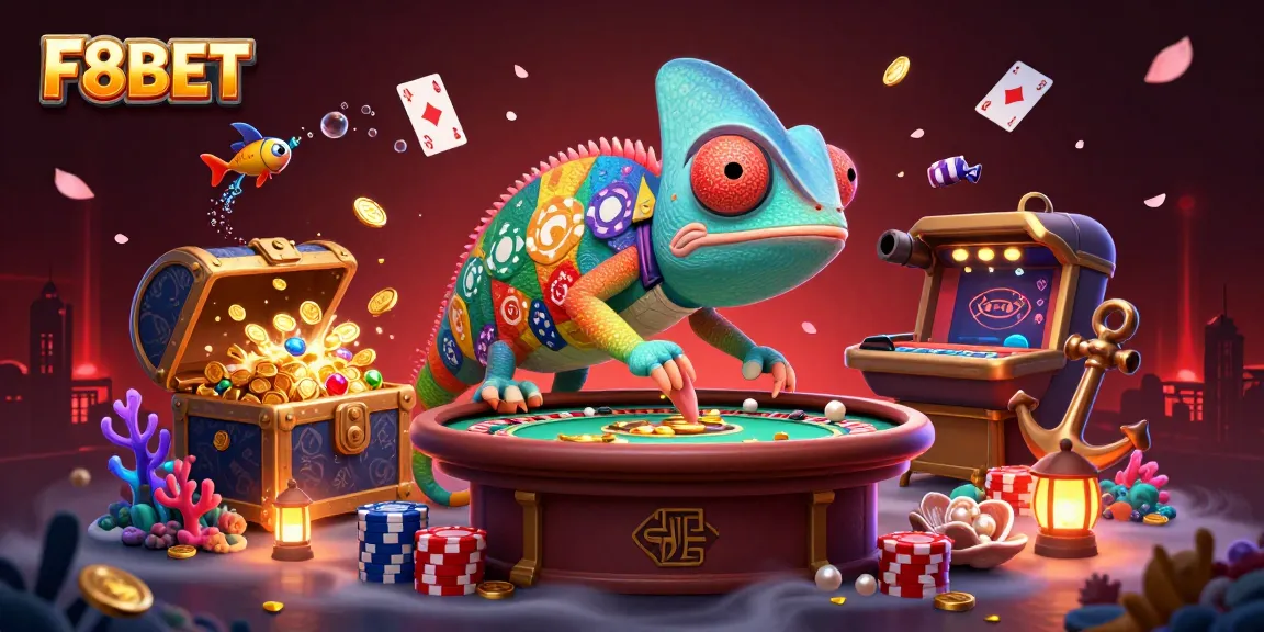 F8BET captivates players with thrilling casino experiences, amidst colorful treasures in a vibrant scene.
