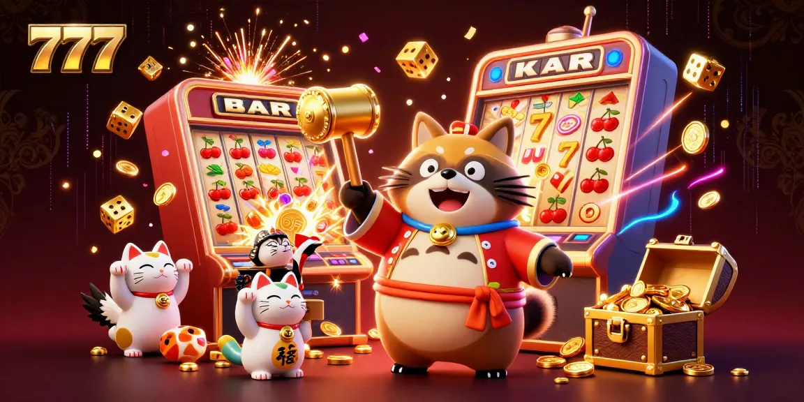 Experience the excitement of 777 jackpots with friendly tanuki and maneki-neko in a vibrant casino scene.
