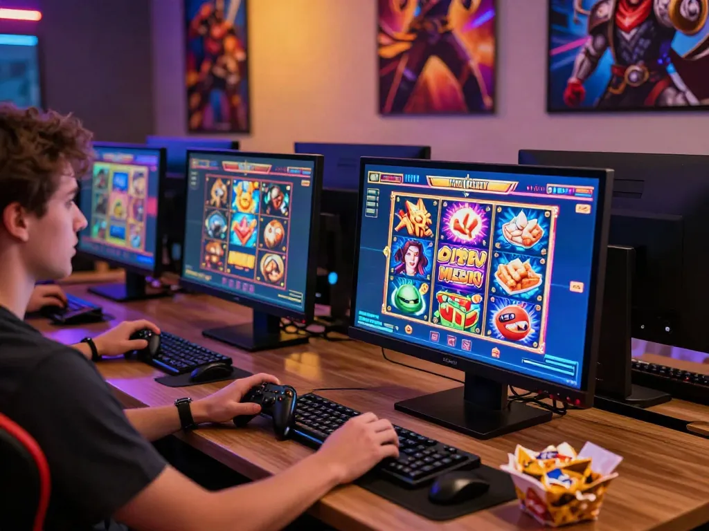 Engaging scene of a user playing king999 slot games in a stylish gaming room, showcasing excitement and modern aesthetics.