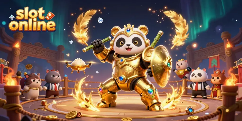 Permainan slot online dengan karakter panda emas dalam suasana megah yang dipenuhi keberuntungan.