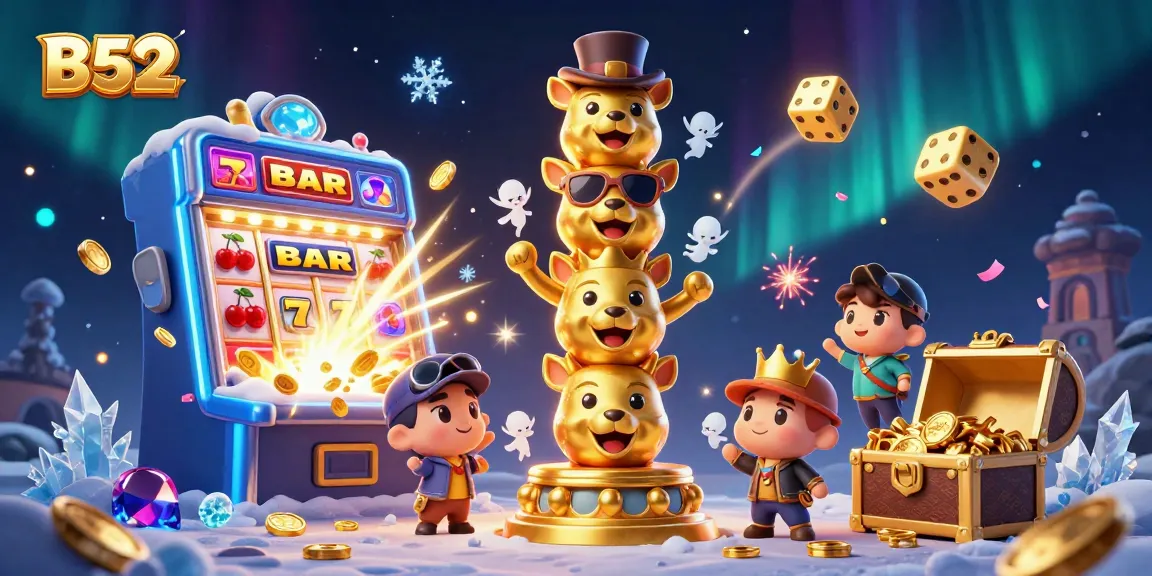 B52 reveals a vibrant casino scene with animated characters, slots, and treasures bursting with excitement.