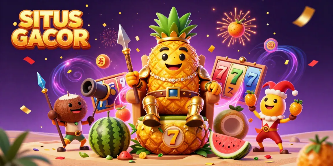 SITU GACOR showcases a vibrant scene of a pineapple king and playful characters celebrating casino wins.