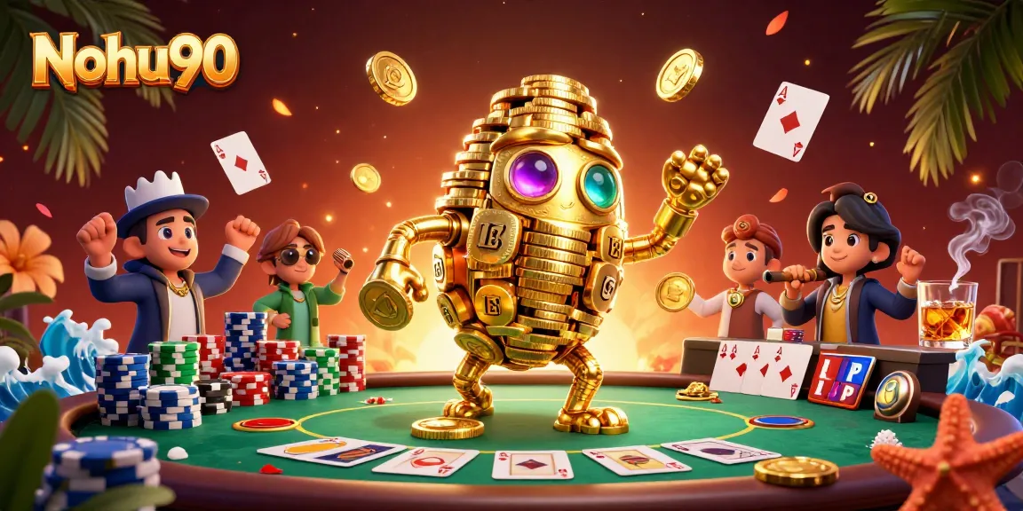 Nohu90 showcases an ancient golden golem amidst dynamic casino elements, symbolizing jackpot excitement.