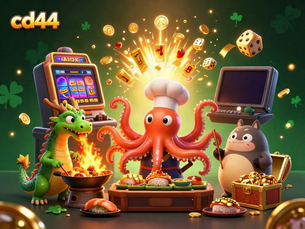 Engage with the vibrant cd44 casino scene featuring an octopus chef and a lucky dragon.