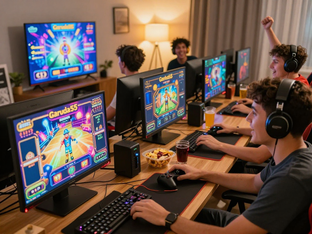 Exciting moments at GARUDA55 slot gaming, showcasing diverse players celebrating wins in a vibrant home gaming environment.