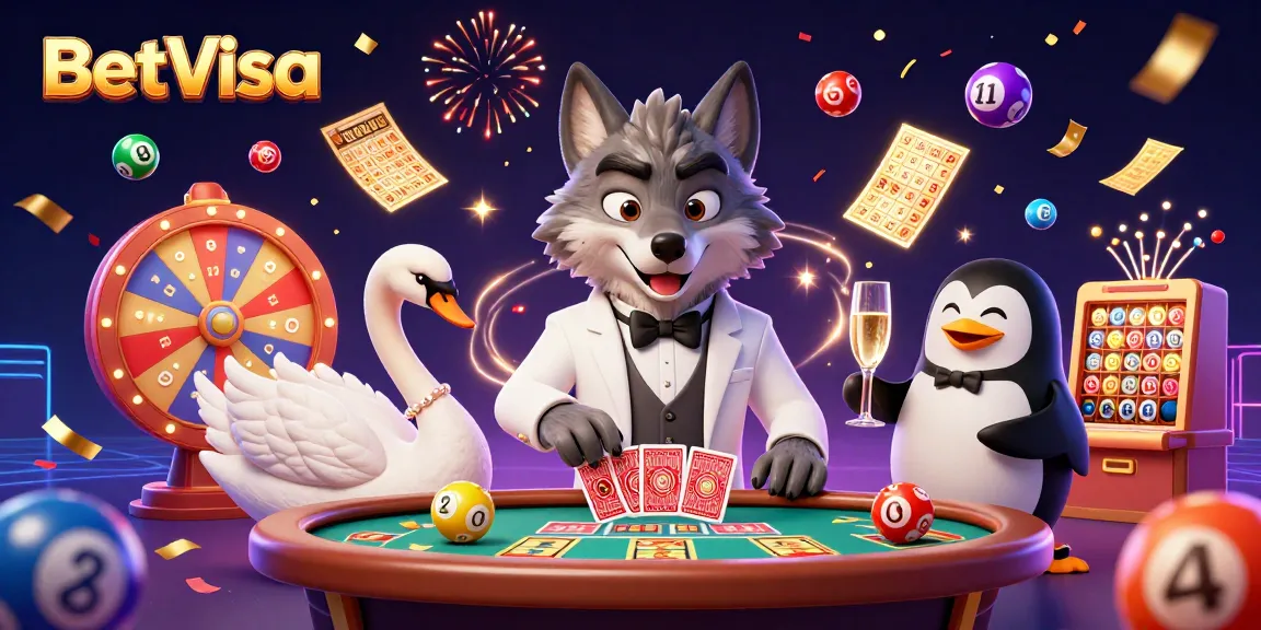 Join the excitement at BetVisa with a lively casino scene featuring a debonair wolf, elegant swan, and sophisticated penguin.