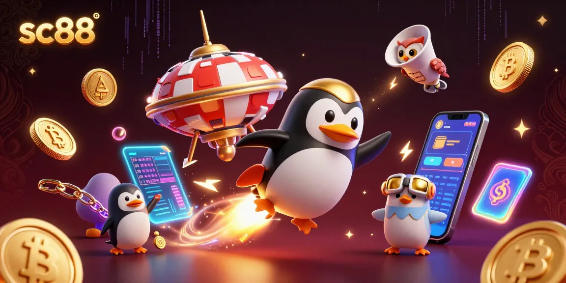 Win big at sc88 with a vibrant 3D cartoon penguin soaring through a casino-themed universe!