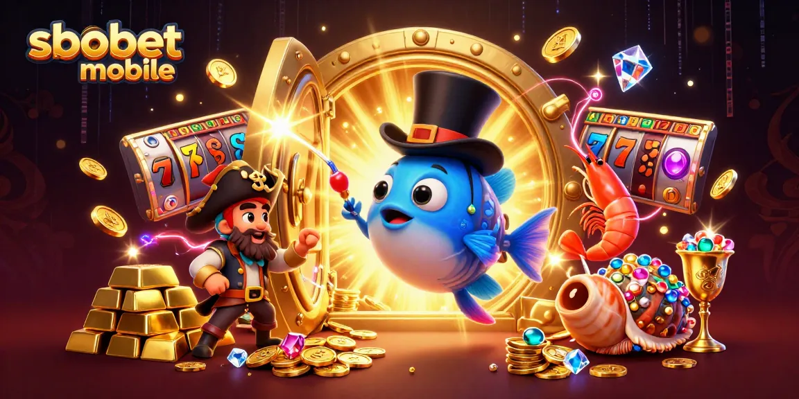Engage with sbobet mobile showcasing a vibrant 3D scene filled with treasures and animated casino elements.