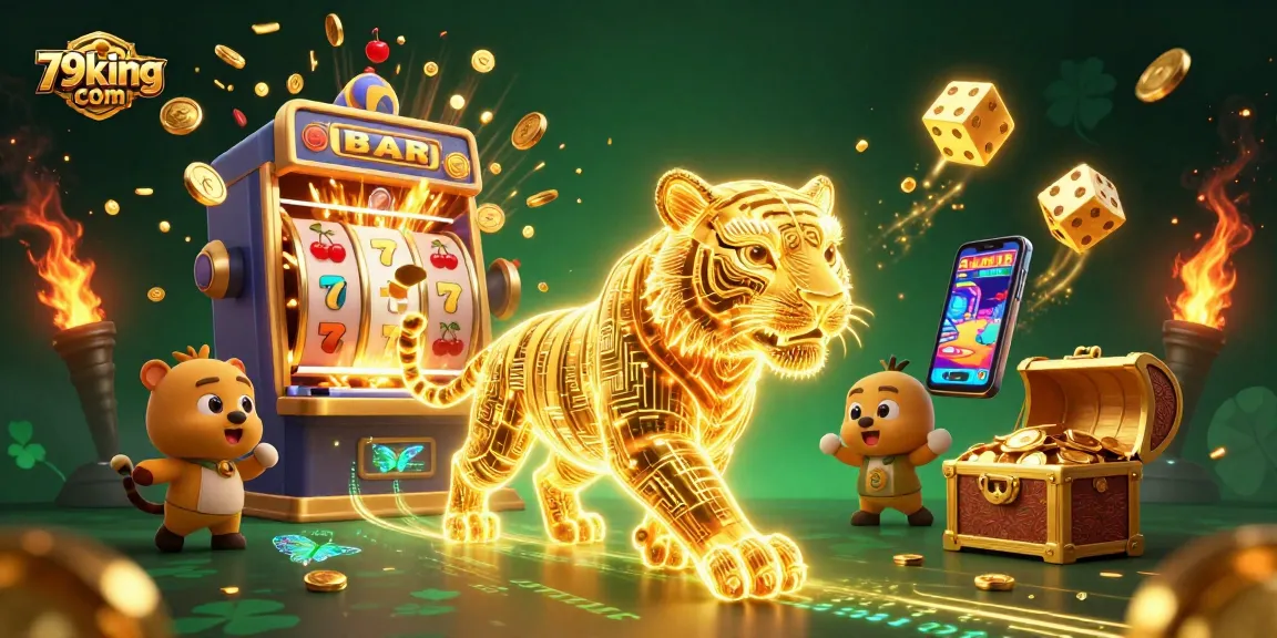 Embark on a winning journey at 79king com with a vibrant casino scene featuring a golden tiger and jackpot excitement.