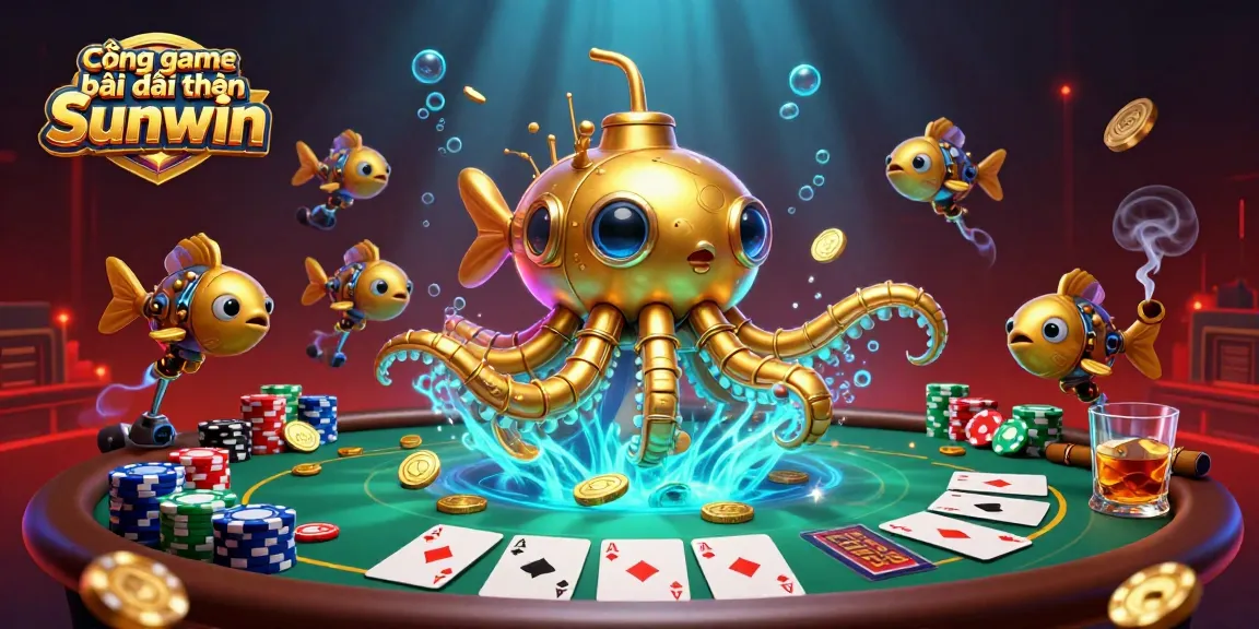 Cổng game bài đổi thưởng Sunwin showcases a vibrant underwater casino scene with a golden kraken and poker elements.