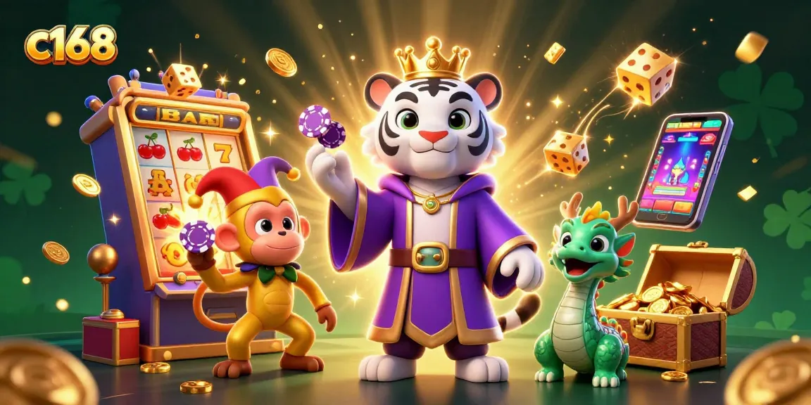 Experience the excitement of c168 with vibrant characters and dynamic casino elements in a thrilling 3D illustration.