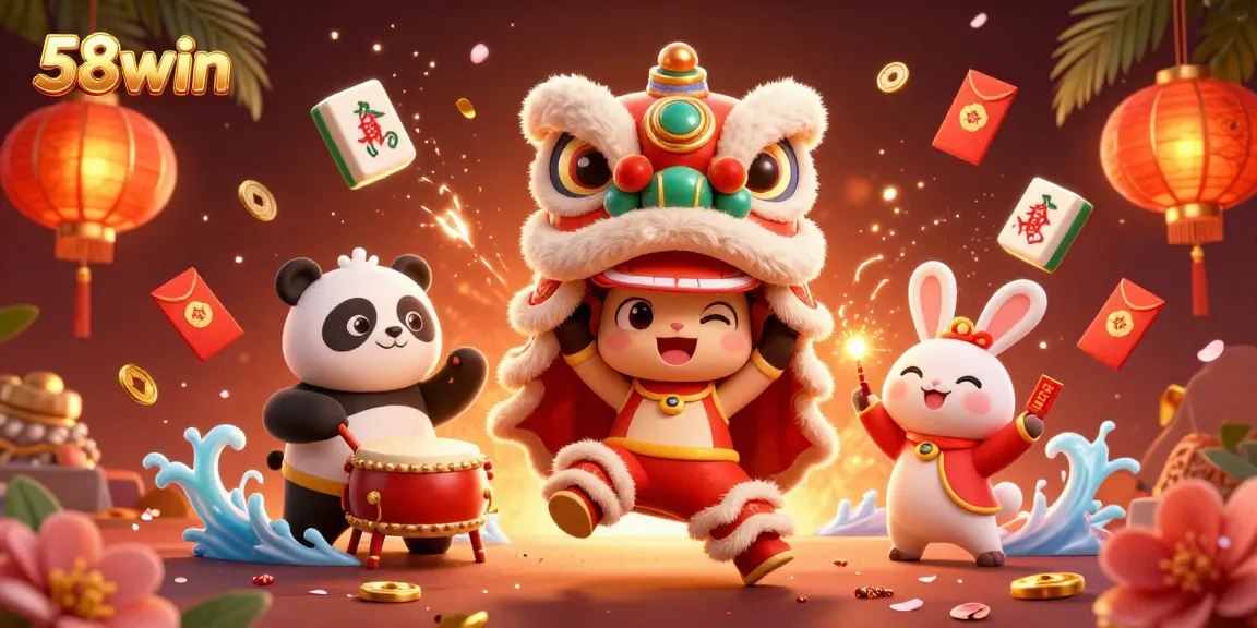 Join the celebration at 58win with lively Chinese characters and casino elements for an exciting experience.