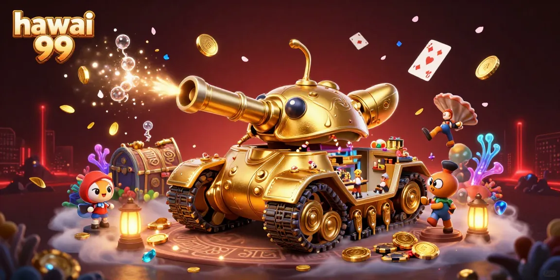 Experience the excitement of hawai 99 with a vibrant 3D casino scene featuring a golden beetle tank.