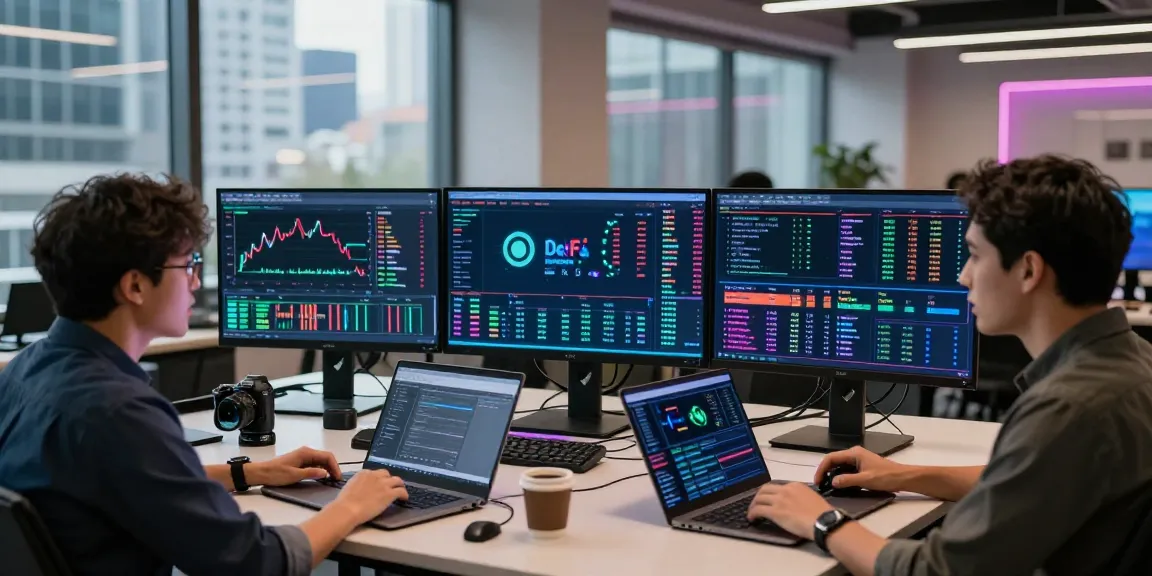 Play exchange interface displayed on multiple screens in a vibrant co-working space, showcasing real-time cryptocurrency trading and data analysis tools.