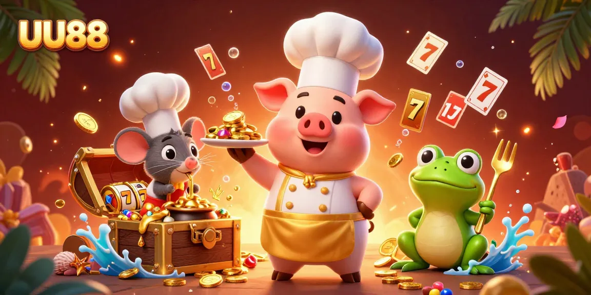Experience the exciting world of UU88 slots with a vibrant 3D casino illustration featuring dynamic characters.