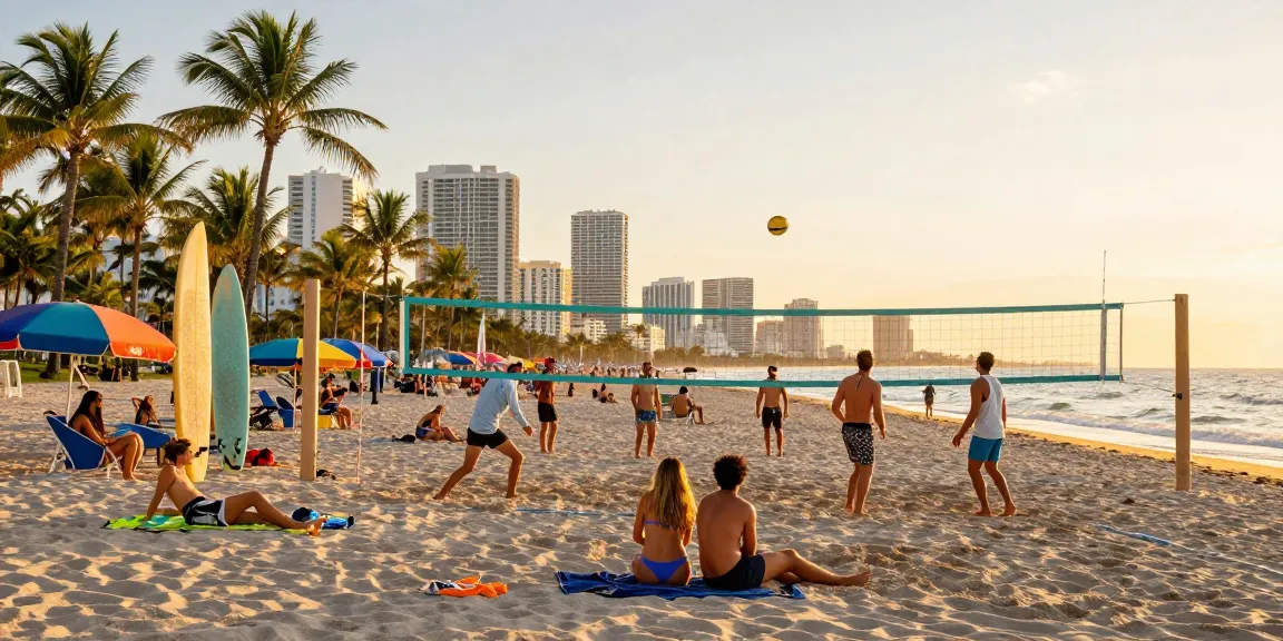 Aktivitas bersenang-senang di pantai Miami, https://miami4d.com/ dengan teman-teman, bola voli, dan pemandangan kota yang indah.