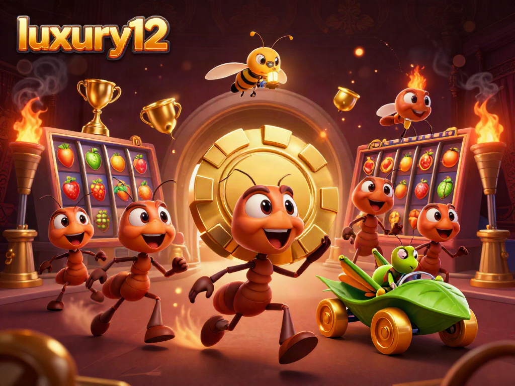 luxury12 memainkan slot dengan karakter kartun semut yang mencuri chip poker emas besar dalam suasana kasino yang hidup.