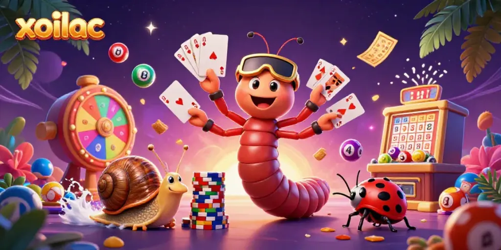 Xoilac casino scene featuring a millipede dealer and lottery elements in vibrant detail.