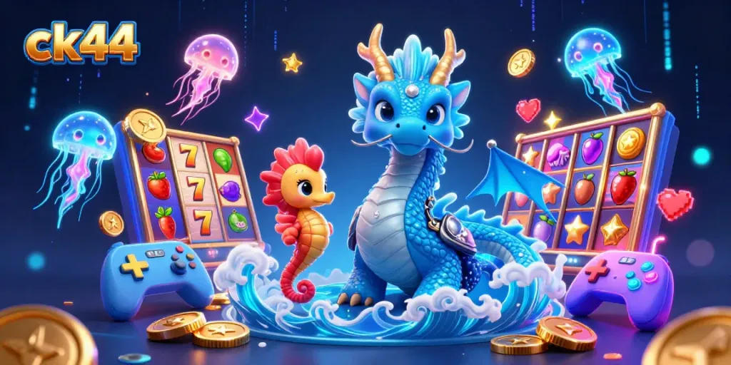 Experience the thrill of ck44 gaming with a vibrant 3D casino scene featuring a dragon and seahorse knight.