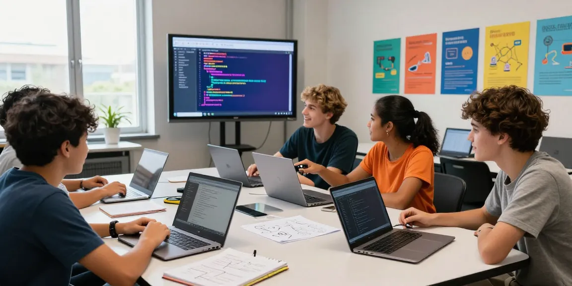 Students collaboratively coding and engaged in a technology workshop, showcasing the slot for creativity and learning.