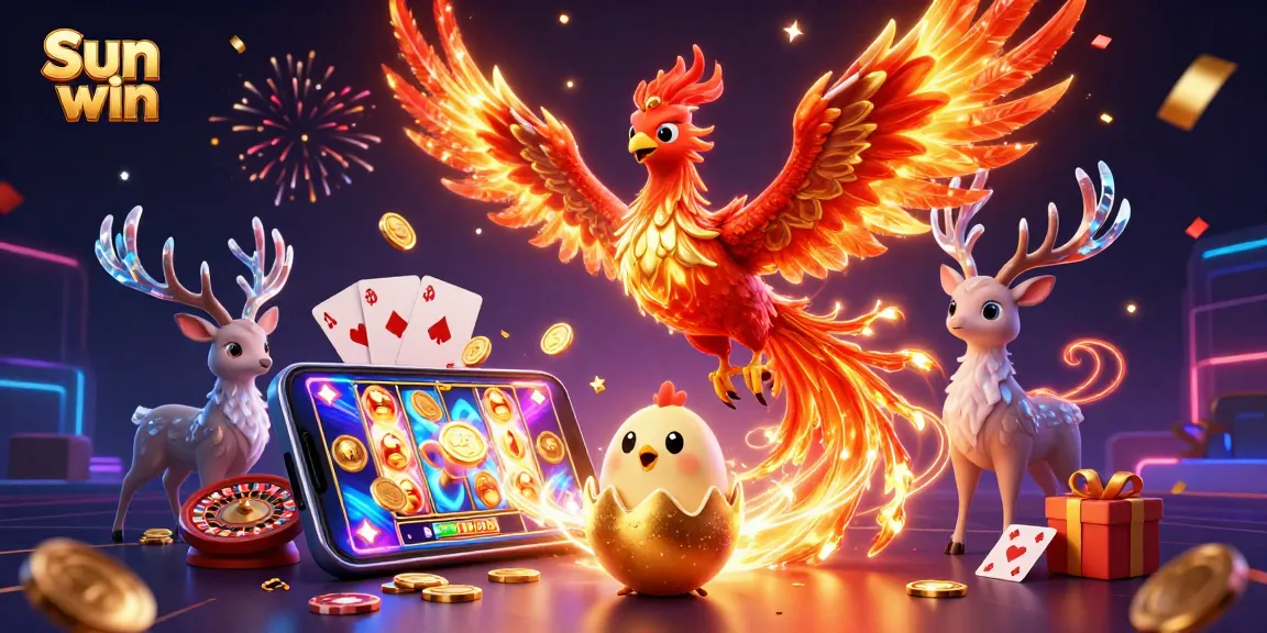 Sun win players enjoy lively slot games surrounded by magnificent phoenix characters and festive casino elements.