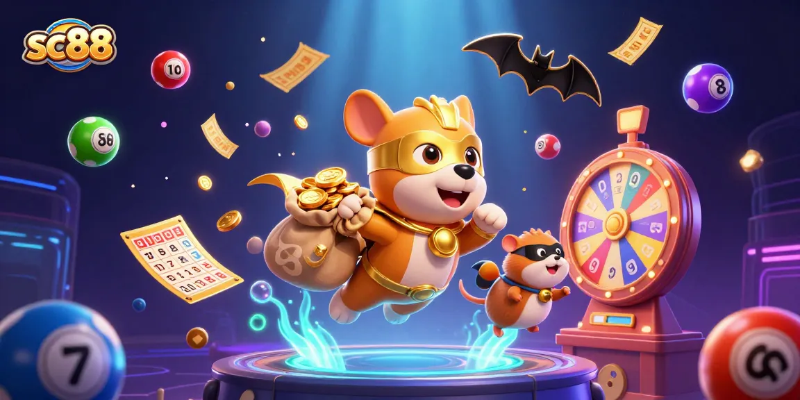 Join the excitement at sc88 with a dynamic superhero dog flying amidst a whirlwind of colorful lottery elements.
