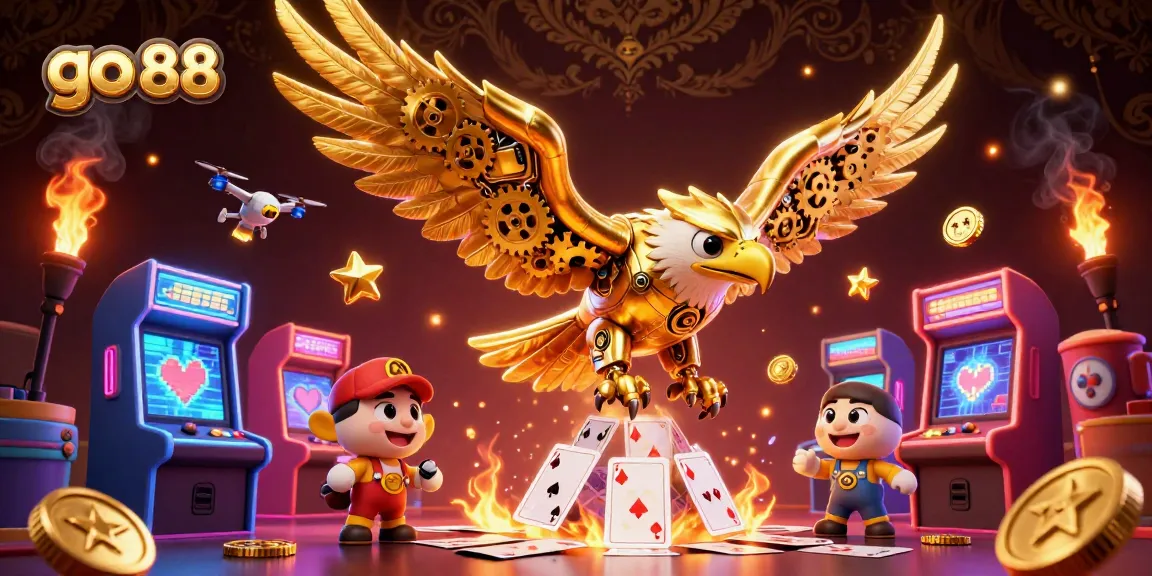 Experience go 88 with a cybernetic golden eagle flying through dynamic casino-themed artwork.