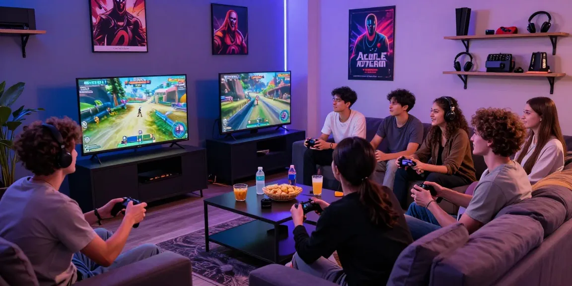 Friends enjoying a gaming session in a vibrant hit club atmosphere with cozy seating and colorful lighting