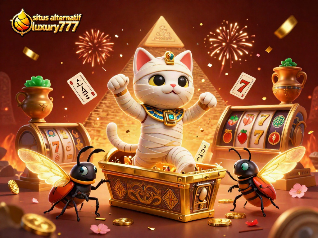 Gambarkan situs alternatif luxury777 dengan kucing mummy berbasis 3D muncul dari sarcophagus di kasino piramid bermain slot.