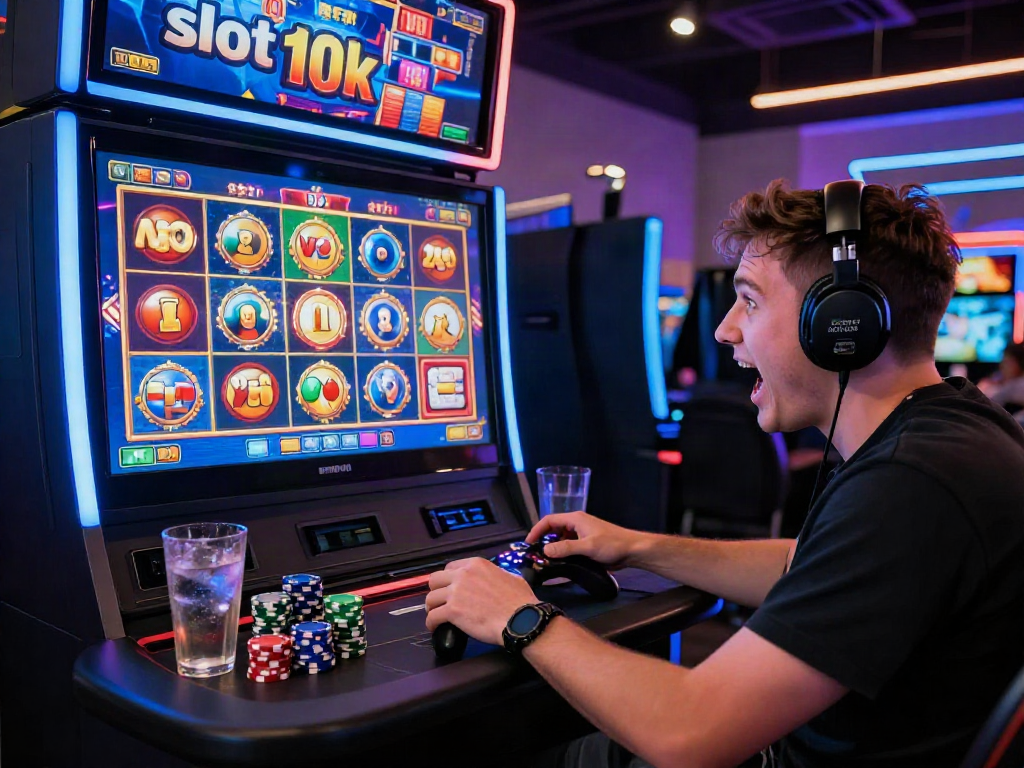 Player engaged with a vibrant "slot 10k" gaming machine in a modern gaming room, showcasing excitement and immersive atmosphere.