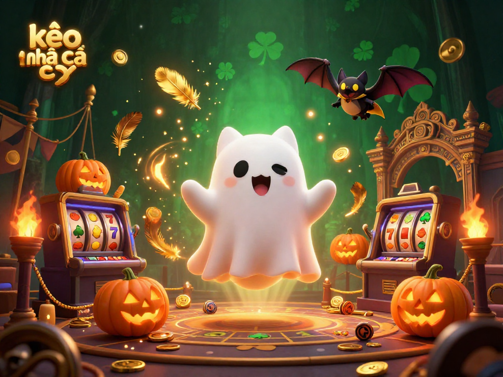 Engage in kèo nhà cái with a playful ghost cat and friends in a vibrant haunted casino scene.