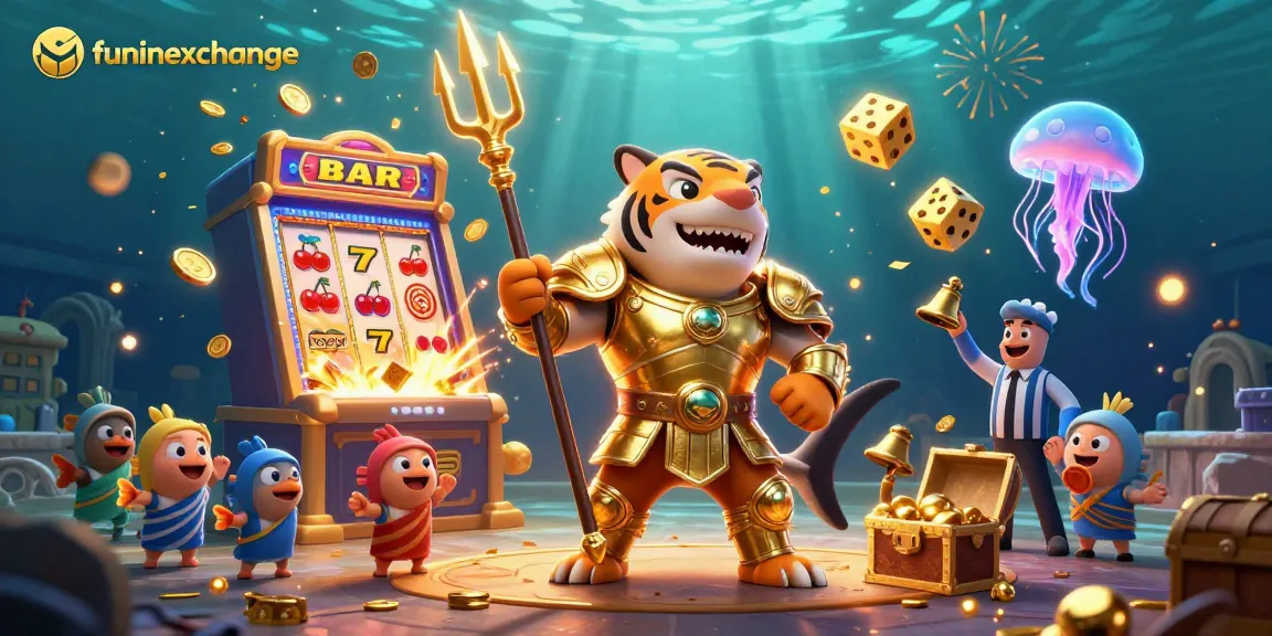 Experience thrilling funinexchange gameplay with a vibrant underwater casino scene featuring a tiger shark and rich gambling elements.