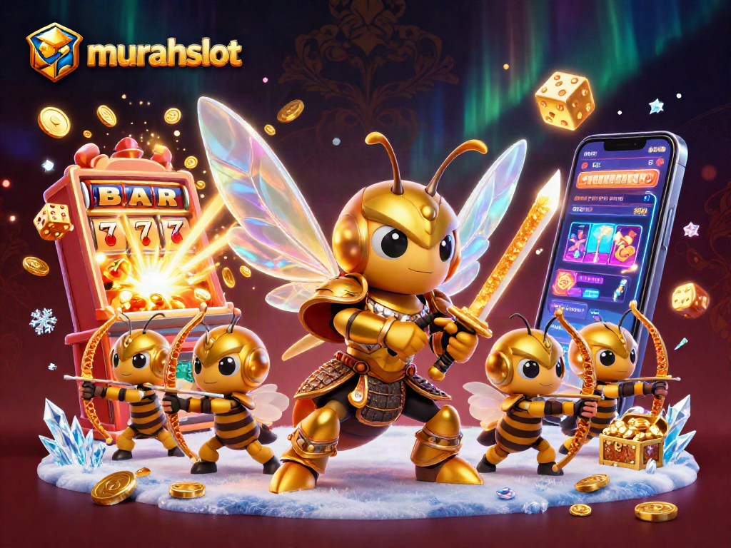 Murahslot hadiah jackpot besar dengan mesin slot 3D penuh koin dan karakter bergenre samurai yang menggenggam katana.
